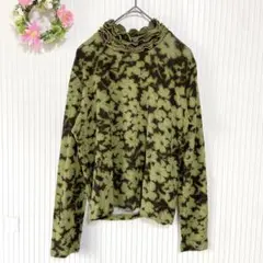 美品★カシミヤ混 【セシオセシラ】 襟フリル 薄手 ニット シャツ M 総柄