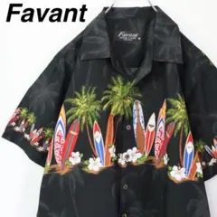 【パームツリー柄】ファバント オープンカラーシャツ 総柄 サーフィン ブラックのサムネイル