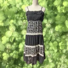 森ガール フェアリーグランジ ドット柄 花柄切り替え ティアードキャミワンピース