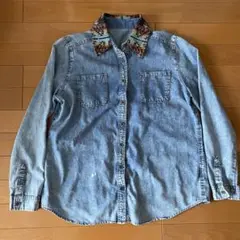 シャツ デニム柄 薄手 ワンポイント アクセント 古着