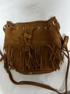 ブラウン スエード フリンジ ショルダーバッグ
