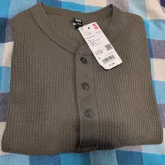 《タグ付き新品》ユニクロ ワッフル ヘンリーネックT ダークグリーン Lサイズ