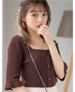 GRLフロントボタンフレア袖リブニットトップス