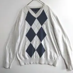 80　TOMMYHILFIGER　薄手ニットセーター　L　灰　紺　US古着