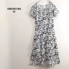 ヒロコビス　膝丈ワンピース　半袖　総柄　大人カジュアル　上品　コットン　白黒M