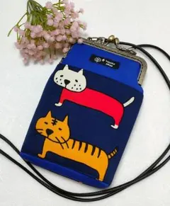 大きな猫ちゃんのスマホポシェット！がま口！ショルダー紐付！《ネイビー》