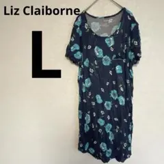 1点物古着✨ネイビー 藍色 ブルー フラワー花柄 ひざ丈 ワンピース L 総柄