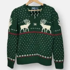 90's ポロラルフローレン ノルディック柄 ウールニット M グリーン