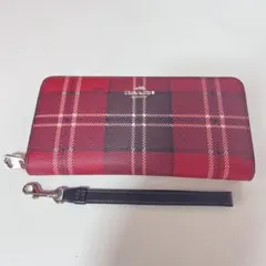 新品 COACH コーチ ラウンドファスナー チェック 長財布 ストラップ付 赤