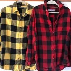 メンズ　チェック　長袖シャツ　M〜L ネルシャツ　赤黄