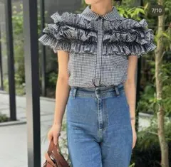 trefle＋1 ギンガムチェック フリル半袖シャツ