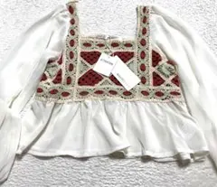 レディース トップス ブラウス シフォン 刺繍 長袖 スクエアネック 新品