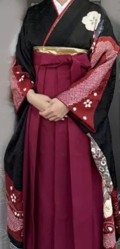 振袖、撥水汚れ防止加工長襦袢　セット 古典柄　黒赤金