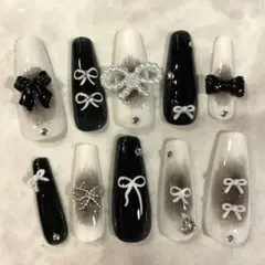 ネイルチップ リボンネイル 流行 チークネイル フレンチガーリー ブラック