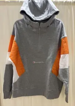 チャンピオン　ハーフジップパーカー　グレー×オレンジ　サイズM