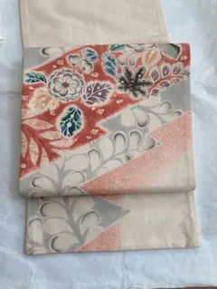 【美品】【早い者勝ち】紬花柄 袋帯 オレンジクリーム