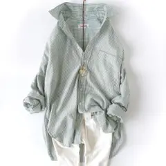スピックアンドスパン 2023AW オックスルーズシャツ 綿 ストライプ 緑×白