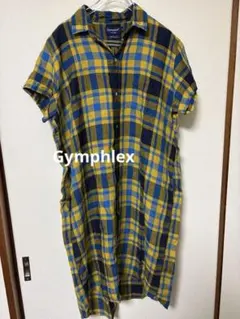 Gymphlex 半袖チェックシャツワンピース サイズ14 黄 青 麻 リネン