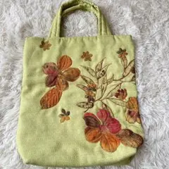 ハンドメイド　花柄刺繍 転写 グリーン トートバッグ