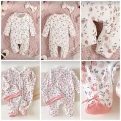 花柄ロンパース・カバーオール（ヘアバンドと帽子付き）4点セット