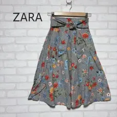 【ZARA BASIC】ギンガムチェック花柄フレアスカートリボンミモレ丈