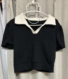 Dazy Vネック襟付き半袖トップス L 黒/白