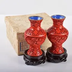 美術品】中国古玩 堆朱 花瓶 唐物 彫漆 風景 紋 飾り壺 2点セット