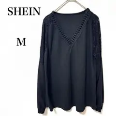 SHEIN シーン　Vネック　長袖　リブニットトップス　ブラック　M レース