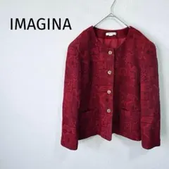 ＊イマジナ＊ ノーカラージャケット L 長袖 総柄 ウール混み 赤 レッド 秋冬