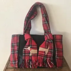 レア　ミミパンソン　刺繍ダックスフンド犬　チェック　本革　スクエアトートバッグ