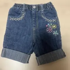 デニムブルー 花刺繍 ハーフパンツ