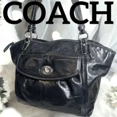 外観美品✨COACHコーチ エナメル トート 黒 ターンロック 肩掛け　A4可能