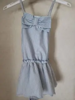 女の子用 ワンピース水着 水色ストライプ　リボン