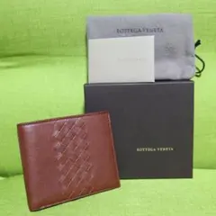 未使用新品 ジョルジオ アルマーニ 編み目レザー 二つ折り財布 茶