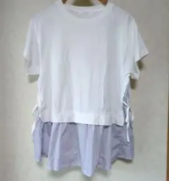 サイドリボン付きホワイトストライプチュニックTシャツ