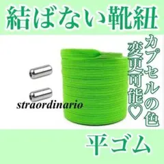 くつひも シューレース 結ばない靴紐【平ゴム】ライトグリーン×シルバー 黄緑 銀