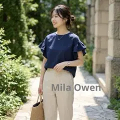 Mila Owen 麻 レーヨン ラッフル袖 フリル袖 ネイビー ブラウス Fのサムネイル