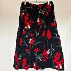 ヴィンテージ風 花柄ロングスカート ブラック×レッド 裏地あり 【L】 ミモレ丈