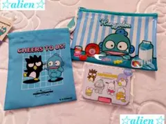 〒【ハンギョドン☆フラットポーチ+巾着＆ウェットシートのふた】3点セット☆ばつ丸