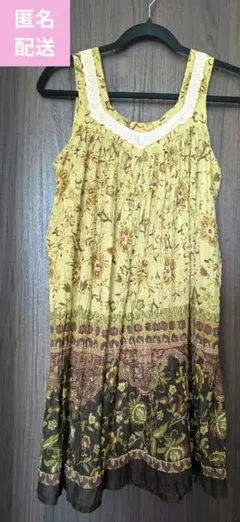 【美品】花柄ノースリーブチュニック グリーン　ブラウン