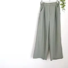 極美品✨ワイドパンツ　美脚効果　ウエストゴム　グリーングレー　M