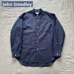 JOHN SMEDLEY コットン リネン バンドカラー シャツ ネイビー