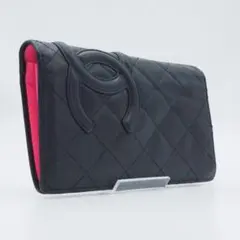 CHANEL シャネル カンボンライン 二つ折り長財布 黒×ピンク