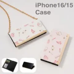 ミラー付きiPhone16/15用ゴールドプレートハイヒールデザイン手帳型ケース