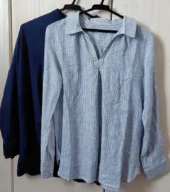 ストライプリネンシャツ　ブルーコットンスキッパーシャツ　2枚セット