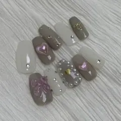 【現品】ネイルチップ グレー ホワイト 白 リボン ハート 推し