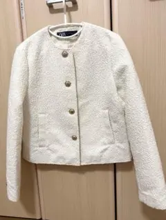 美品ZARA ノーカラー ツイードジャケット ゴールドボタン M