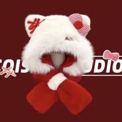 猫耳付きフード帽子 白と赤