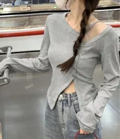 新品未使用 レディース服 長袖 春服 グレートップス 分割ボタンデザイン