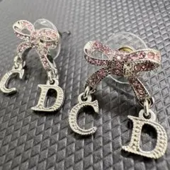 Dior ディオール ピアス CDロゴ ラインストーン リボン シルバー ピンク